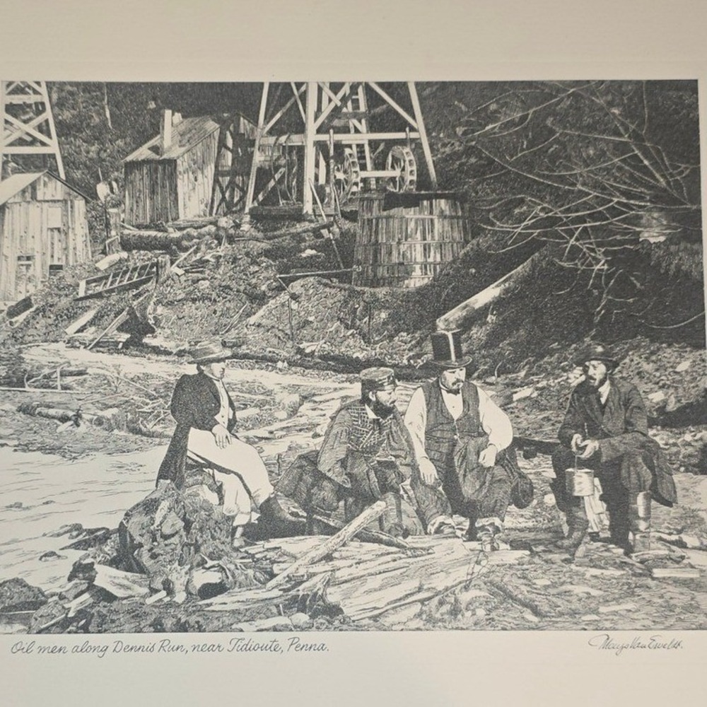 Van Esveldt Oil men along Dennis Run Vintage Approximately 16" x 12" print